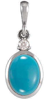 14K Gold Oval Natural Turquoise & Natural Diamond Cabochon Bezel-Set Necklace or Pendant - White Gold