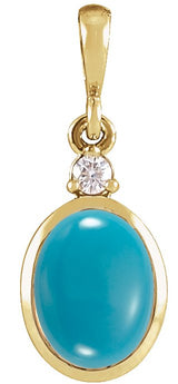 14K Gold Oval Natural Turquoise & Natural Diamond Cabochon Bezel-Set Necklace or Pendant - Yellow Gold