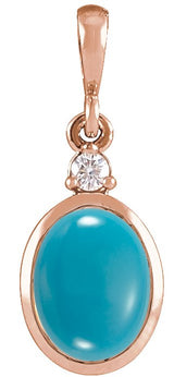 14K Gold Oval Natural Turquoise & Natural Diamond Cabochon Bezel-Set Necklace or Pendant - Rose Gold