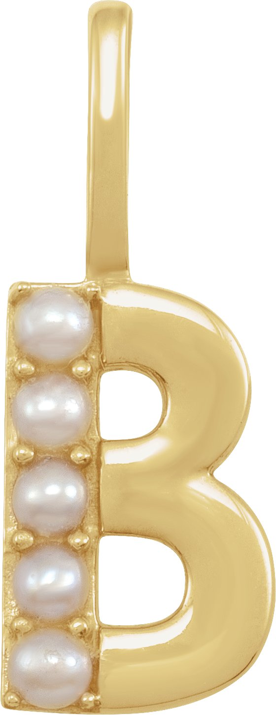 14K Gold Cultured White Freshwater Pearl Initial B Pearl Pendant - Yellow Gold
