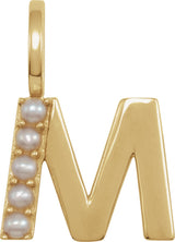 14K Gold Cultured White Freshwater Pearl Initial M Pearl Pendant - Yellow Gold