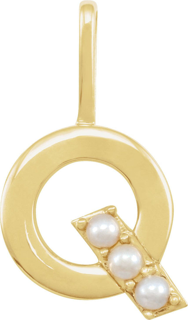 14K Gold Cultured White Freshwater Pearl Initial Q Pearl Pendant - Yellow Gold