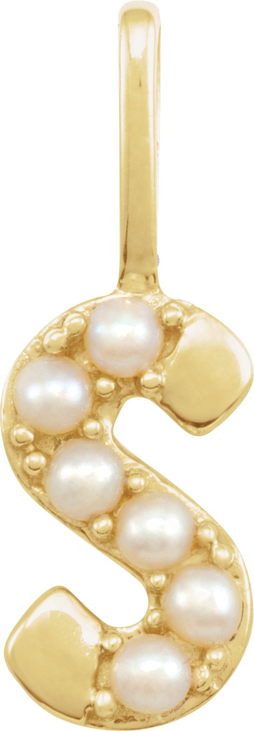 14K Gold Cultured White Freshwater Pearl Initial S Pearl Pendant - Yellow Gold