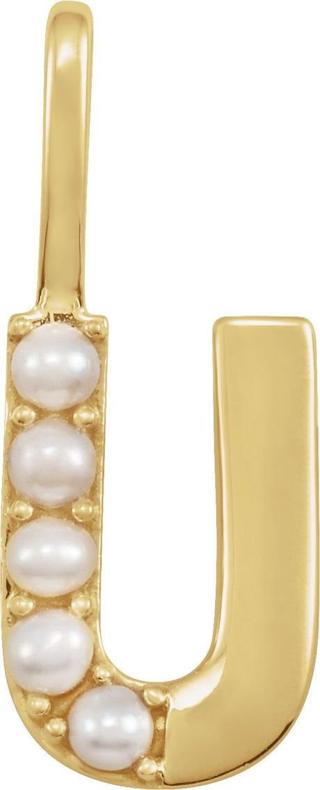 14K Gold Cultured White Freshwater Pearl Initial U Pearl Pendant - Yellow Gold
