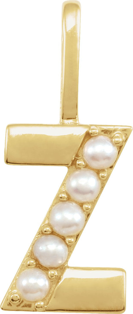 14K Gold Cultured White Freshwater Pearl Initial Z Pearl Pendant - Yellow Gold