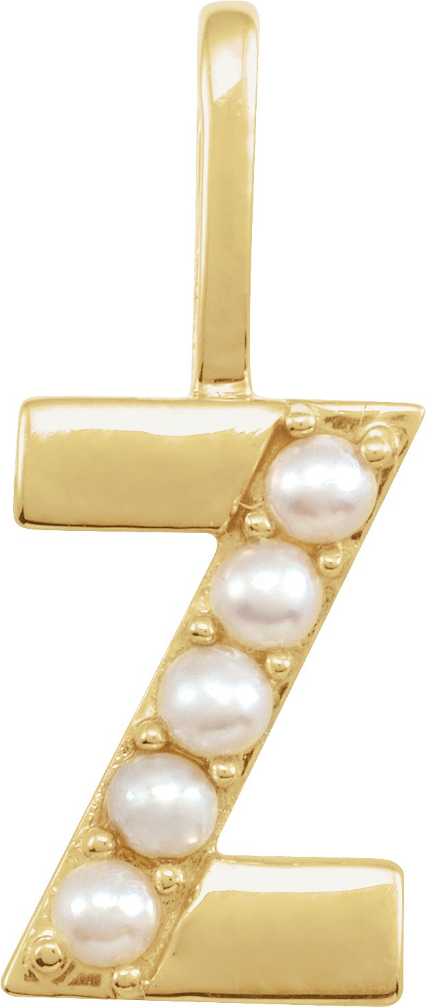 14K Gold Cultured White Freshwater Pearl Initial Z Pearl Pendant - Yellow Gold