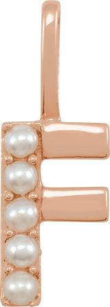 14K Gold Cultured White Freshwater Pearl Initial F Pearl Pendant - Rose Gold