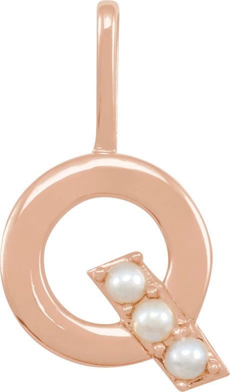 14K Gold Cultured White Freshwater Pearl Initial Q Pearl Pendant - Rose Gold