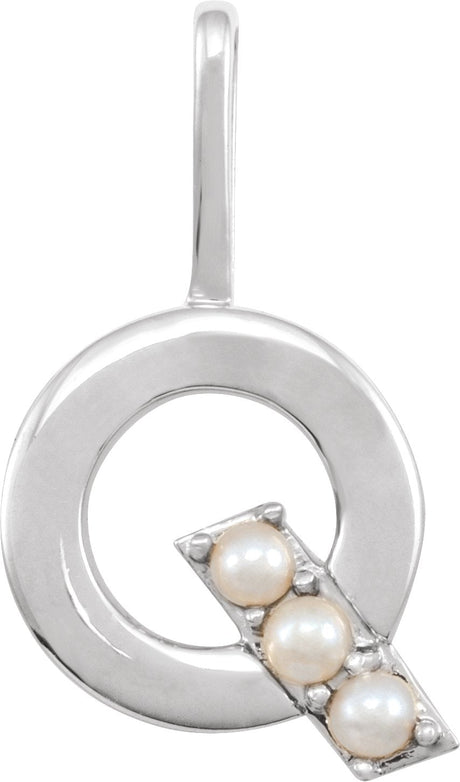 14K Gold Cultured White Freshwater Pearl Initial Q Pearl Pendant - White Gold