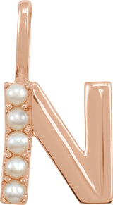 14K Gold Cultured White Freshwater Pearl Initial N Pearl Pendant - Rose Gold