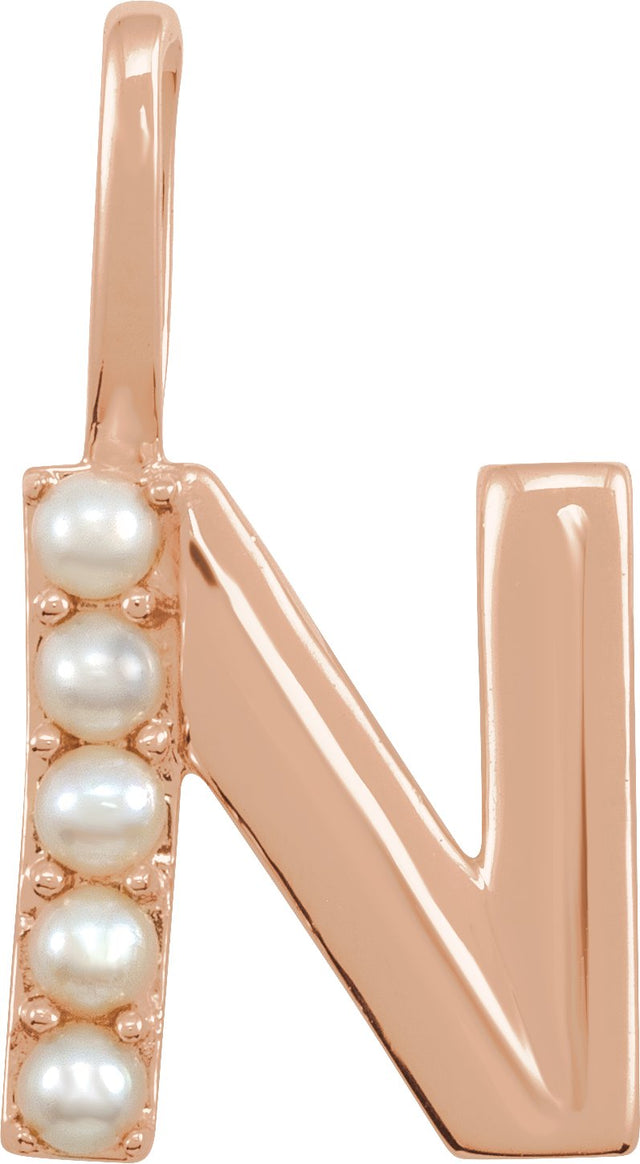 14K Gold Cultured White Freshwater Pearl Initial N Pearl Pendant - Rose Gold
