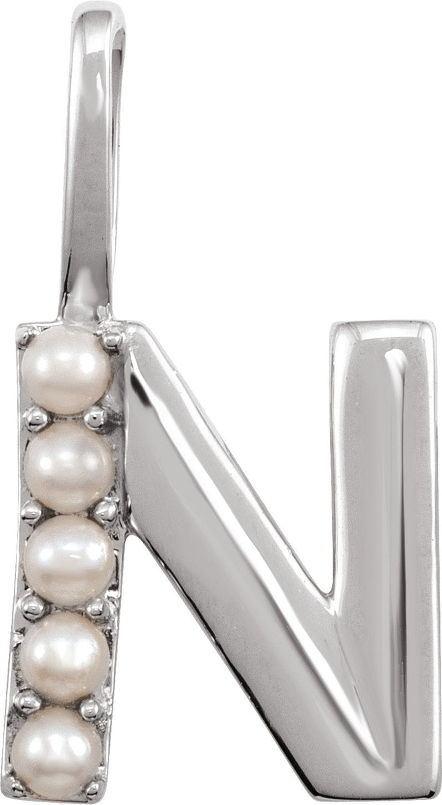 14K Gold Cultured White Freshwater Pearl Initial N Pearl Pendant - White Gold