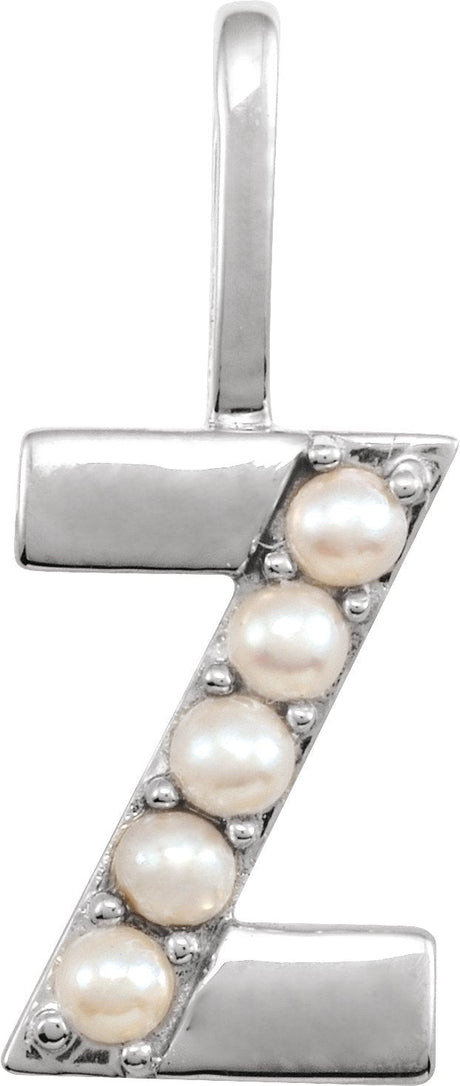 14K Gold Cultured White Freshwater Pearl Initial Z Pearl Pendant - White Gold