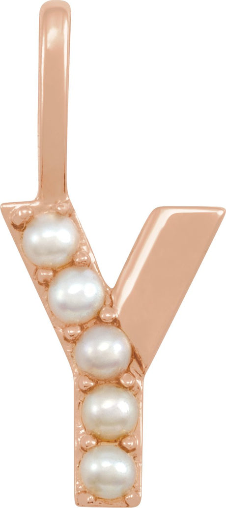 14K Gold Cultured White Freshwater Pearl Initial Y Pearl Pendant - Rose Gold