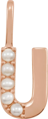 14K Gold Cultured White Freshwater Pearl Initial U Pearl Pendant - Rose Gold