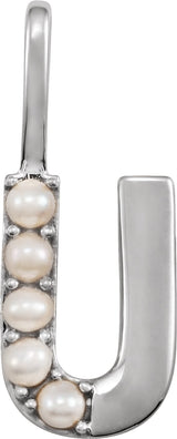 14K Gold Cultured White Freshwater Pearl Initial U Pearl Pendant - White Gold