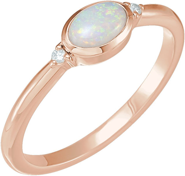 14K Gold Natural White Opal Bezel-Set Cabochon Ring – .03 CTW - Rose Gold