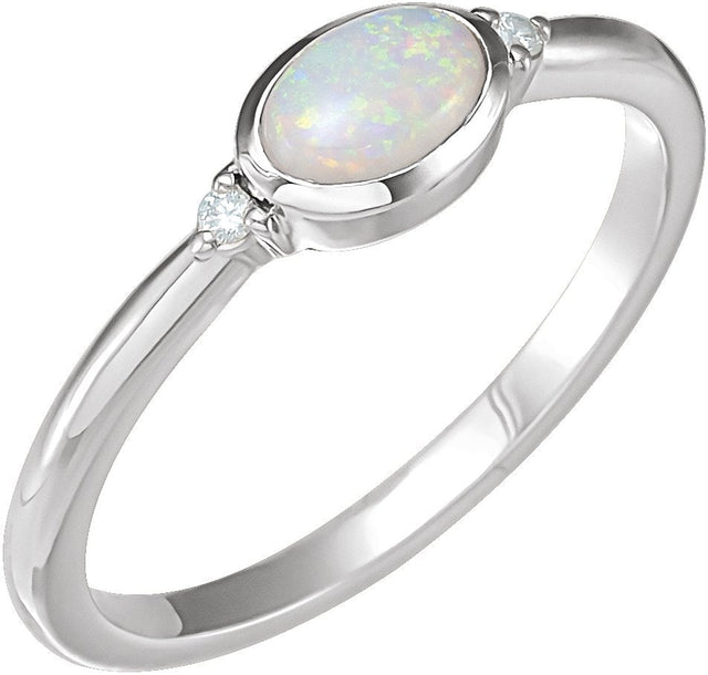 14K Gold Natural White Opal Bezel-Set Cabochon Ring – .03 CTW - White Gold