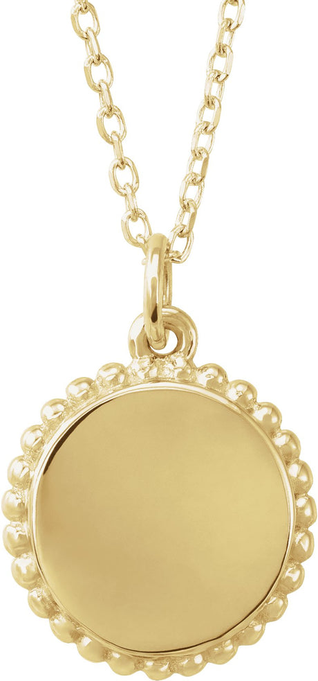 10K Gold Engravable Beaded Disc Necklace or Pendant - Yellow Gold
