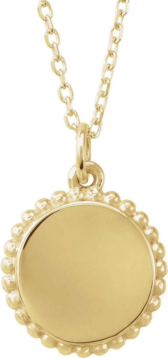10K Gold Engravable Beaded Disc Necklace or Pendant - Yellow Gold