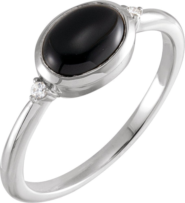 14K Gold Natural Black Onyx Bezel-Set Cabochon Ring – .03 CTW - White Gold