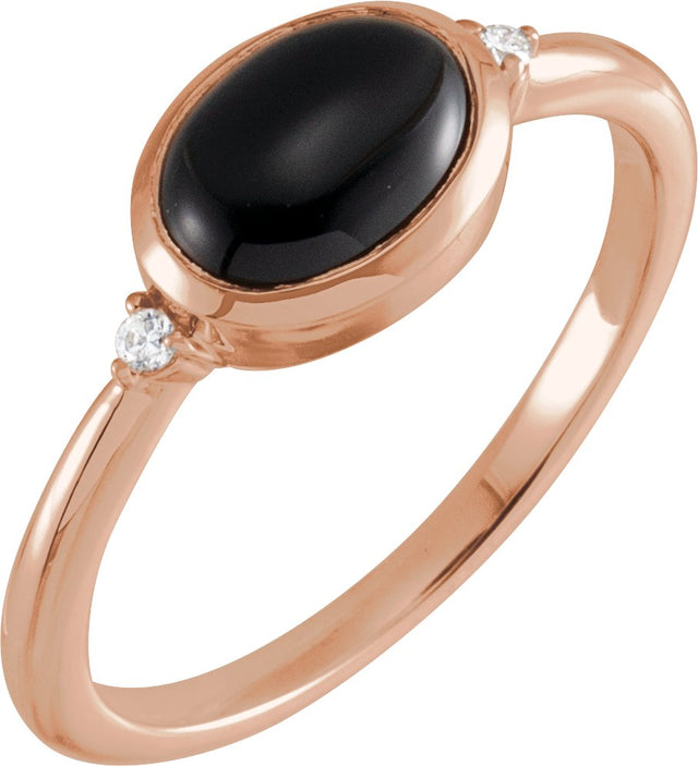 14K Gold Natural Black Onyx Bezel-Set Cabochon Ring – .03 CTW - Rose Gold