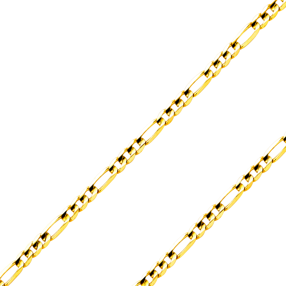 14K Real Solid Yellow or white Pave Gold 1.20mm-4.60mm Figaro 3+1 Concave Light Bracelet