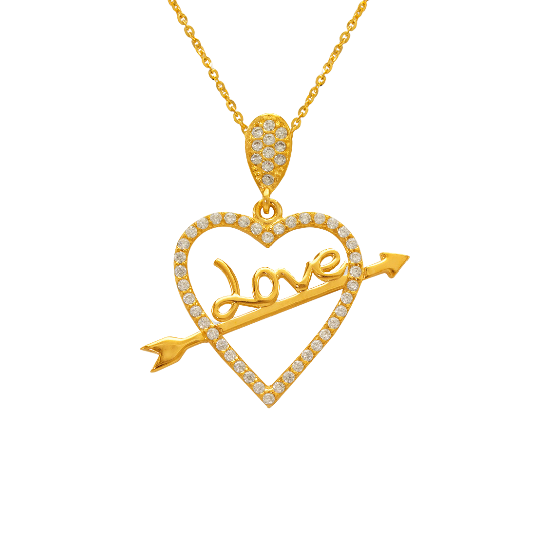 Colgante de oro amarillo de 14 quilates con forma de corazón y flecha de amor con circonita cúbica. 
