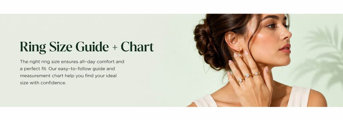 Woman wearing gold diamond rings, illustrating the Italian Fashions ring size guide and measurement chart