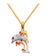 14K Tricolor Gold 15x20mm Fancy Triple Dolphin CZ Pendant