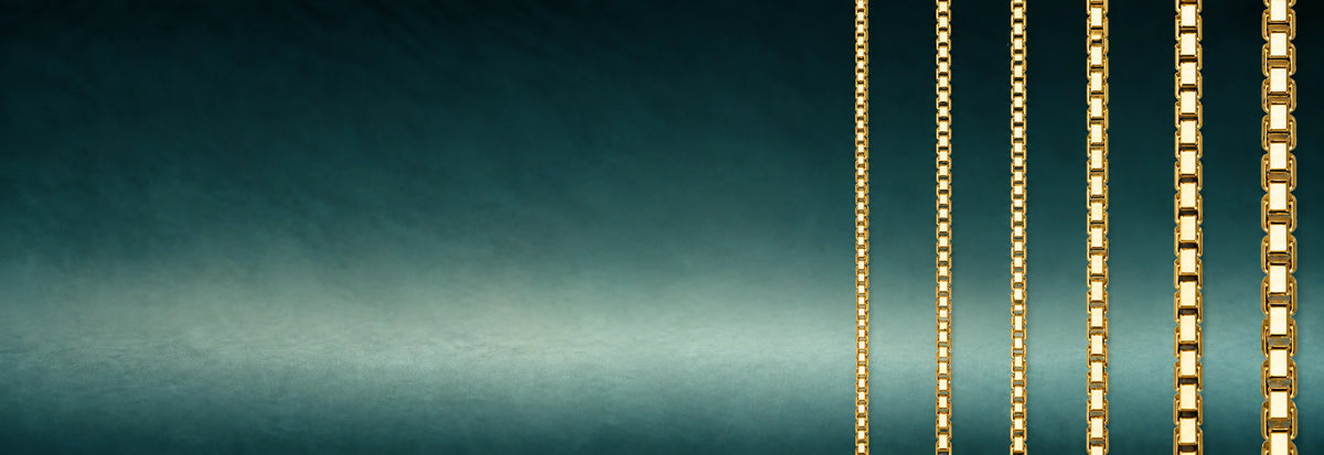 Yellow gold box chains on a teal background