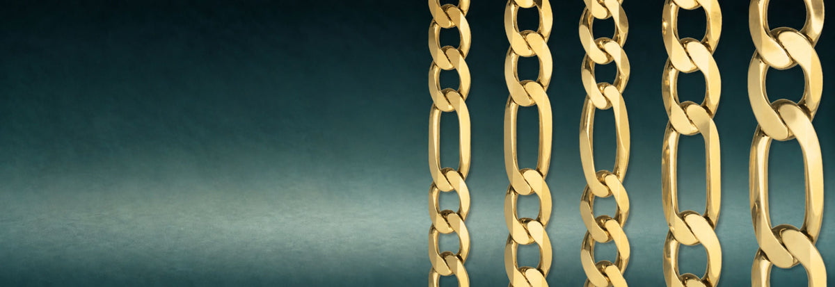 Yellow gold Figaro chains on a teal background