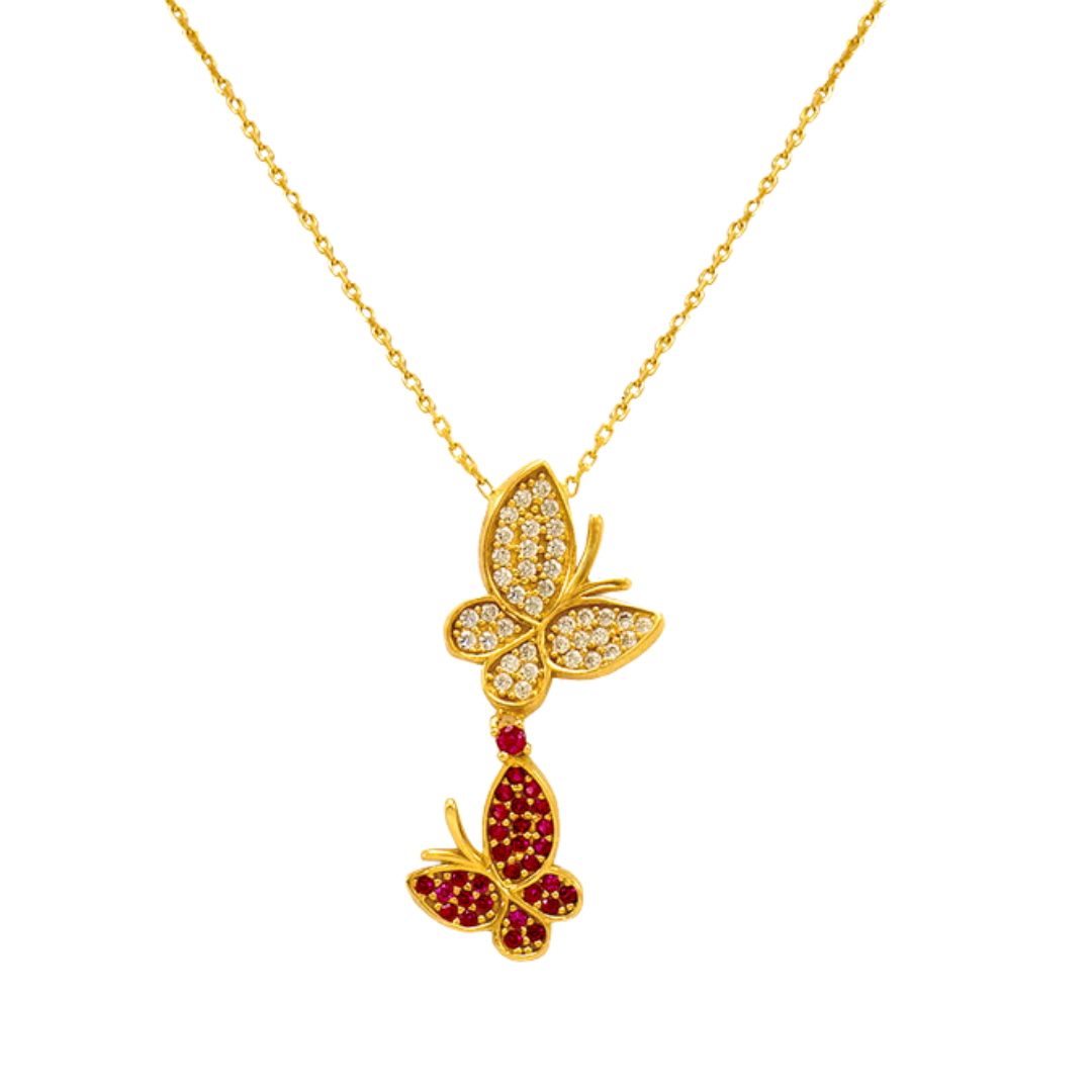 14K Fancy Yellow Gold Double Butterfly CZ Necklace | Solid Gold Necklace Womens | Italian Fashions