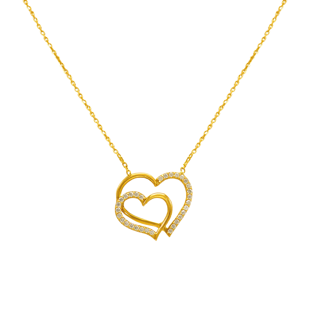 14K Yell0w Gold Fancy Double Heart CZ Necklace