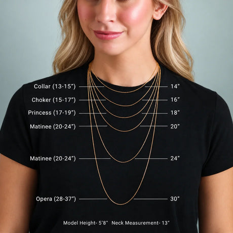 Gold necklace length guide on a model: 14", 16", 18", 20", 24" and 30" chain lengths