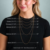 Gold necklace length guide on a model: 14", 16", 18", 20", 24" and 30" chain lengths