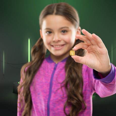 Adorable Kid Girl Holding a Shiny Gold of Italian Fashions