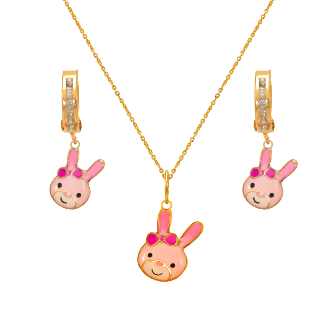 Conjunto infantil esmaltado coelhinho em ouro amarelo 14K 