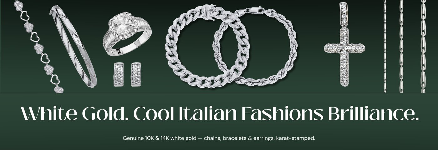 Italian white gold jewelry collection with a cool silver-white finish