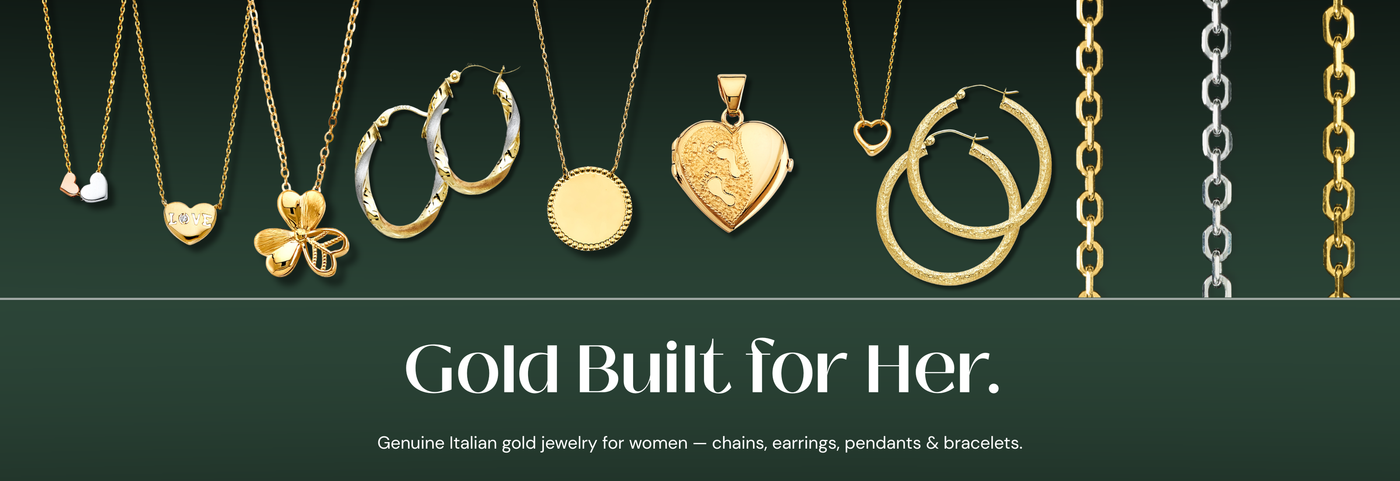 Italian gold jewelry for women — chains, earrings, pendants and bracelets